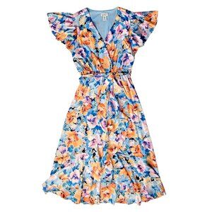 Nicole Miller Floral Maxi Dress Faux Wrap Ruffle Satin Flutter Sleeves ASO NEW